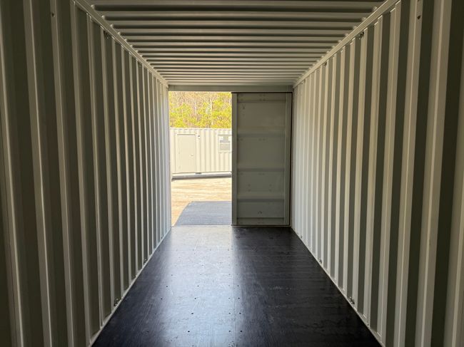 Interior of the 24’ storage space in a Rebox Solutions 40’ office storage combo unit.