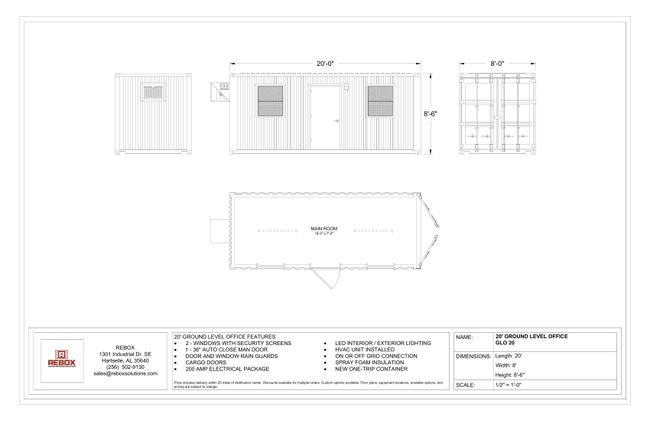 Floorplan and elevations of the 20’ Ground Level Office (GLO 20).