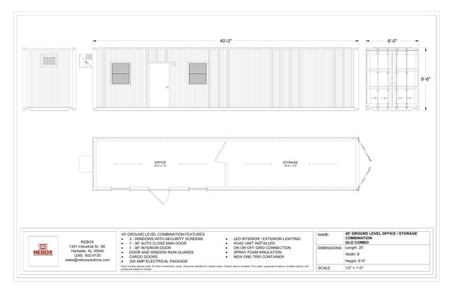 Floorplan and elevations of the 40’ Ground Level Office / Storage Combo (GLO COMBO).