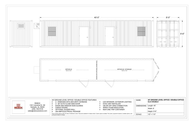Floorplan and elevations of the 40’ Ground Level Office / Double Office (GLO DOUBLE).